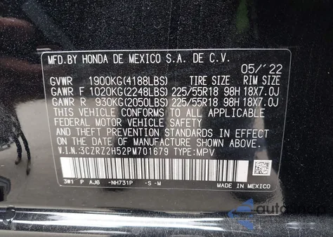 2023 Honda Hr-V Awd Sport from USA, damaged, VIN 3CZRZ2H52PM701679